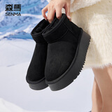 森马（senma）时尚休闲百搭套脚短筒雪地靴加绒保暖女靴723438413 黑色 38码