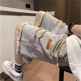 衣然呈品潮牌破洞牛仔短裤男直筒宽松休闲简约大裤衩夏季百搭五分裤子男士 蓝色破洞 M【建议95-115斤】