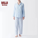 无印良品（MUJI） 女式 无侧缝双层纱织睡衣女士家居服春秋纯棉条纹格纹长袖 浅蓝色条纹 S(上装155/80A下装155/62A)