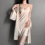 WANKOU 真丝睡衣100%桑蚕丝女士吊带睡裙睡袍性感睡衣薄款套装家居服女 香槟套装 带胸垫（礼盒包装) XL 【建议116-130斤】