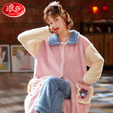 浪莎珊瑚绒睡衣女秋冬季加绒加厚睡袍长款法兰绒家居服套装 浅青色 M