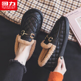 回力官方女鞋棉鞋女冬季加绒2025新款毛毛鞋孕妇豆豆鞋子女 黑色 37