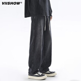 viishow水洗牛仔裤男简约复古休闲宽松百搭直筒潮牌cleanfit阔腿工装裤子 黑色 S
