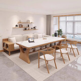 讲故事实木岩板大长书桌奶油风北欧客厅学习阅读办公桌工作台餐书桌一体 200*80*75桌+三人位沙发+桶椅3