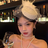 初享（CHUXIANG）小礼帽女头饰名媛旗袍配饰民国新娘帽面纱晚宴礼服发饰复古网纱帽 白色珍珠礼帽 B07-103