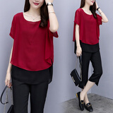 品汇菲大码女装套装胖妹妹夏装上衣胖女人显瘦加肥微胖mm肥婆藏肉遮肚子 红色套装 3XL 建仪140-160斤