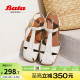 Bata包头凉鞋女夏季商场新款牛皮镂空复古软底罗马鞋ARP02BL3 米白 34