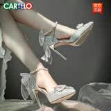 卡帝乐鳄鱼（CARTELO）银色珍珠链女2026秋夏新款尖头蝴蝶结细跟18成人礼水晶高跟鞋 银色【跟高】不累脚 6.5cm 37