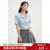 独束大码女装设计感简洁抽褶翻领短袖t恤女夏季新款微胖mm上衣潮 天空蓝 2XL (尺码：4)