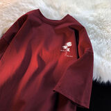 胖戨潮衣男士短袖t恤夏季新款美式复古重磅纯棉半袖青少年休闲宽松体恤衫 酒红色 M （建议90-110斤）