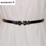 时尚风格袋鼠 简约百搭可调节腰带女细配裙子毛衣装饰裙带皮带花朵腰封时尚 后拉-四朵花黑色