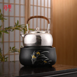 龙善堂日本细工坊银壶足银9999烧水壶纯手工一张银功夫茶具泡茶煮茶壶 小满亮面细闪大号+莺歌烧电陶炉 1150ml