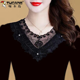 啄木鸟（TUCANO）蕾丝打底衫女长袖2024秋冬新款黑色修身百搭棉质加绒加厚t恤上衣 88#(春秋薄款) L