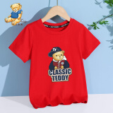 Classic Teddy精典泰迪儿童短袖T恤童装女童上衣男童夏装宝宝衣服1 棒球帽子熊织标短袖大红 130