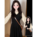 妙奕嘉长袖衬衫连衣裙女士裙子长裙衣服女装新品春秋新款黑色小个子套装 米黄衬衫背心连衣裙两件套 2XL 【建议120-130斤】