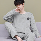 好得西加厚加绒睡衣男士法兰绒秋冬套头套装男珊瑚绒家居服加大码可外穿 W-竖条套头3301浅灰-绒男 L (100~125斤)