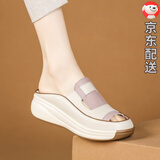 百丽踏包头半拖鞋女外穿2025新款夏季真皮厚底休闲坡跟妈妈凉鞋软底舒适 粉色【升级款】 36