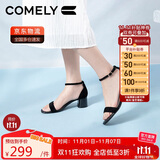 康莉（COMELY）一字带凉鞋女粗跟25年夏季羊皮中跟时尚百搭通勤时装凉鞋 黑色 36