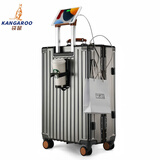 袋鼠（KANGAROO）铝框行李箱加厚复古皮手提拉杆箱商务结实耐用可坐人硬壳密码箱包 卡扣高级灰【杯架+usb+支架】 24英寸 【短途行】双封闭干湿分离