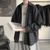 NEW OR MODE复古格子衬衫男韩版潮流ins休闲宽松情侣帅气衣服潮牌衬衣外套男 黑色 L