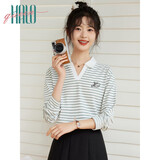 Halo Queen长袖T恤女春秋POLO领字母刺绣条纹上衣宽松休闲上衣新品H143T2012