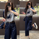 韩璐娇（hanlujiao）休闲裤女装2026夏季新款气质显瘦女神范减龄通勤穿搭九分裤套装女 灰色上衣+牛仔裤 M