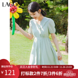 lagogo拉谷谷夏季新款绿色气质甜美V领木耳边短袖连衣裙女高腰 浅绿色(L8) 155/S/36