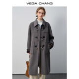 VEGA CHANG新年红黑色呢子大衣女2025年冬新款加厚新年红格纹拼接外套 檀木灰色 L