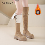 达芙妮秋冬过膝长靴小个子显瘦弹力可折叠两穿女靴高筒靴 加绒卡其 38 