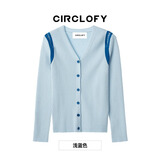 CIRCLOFY瑟夕镂空v领针织衫开衫女2025春季上衣露肩长袖毛衣打底衫外套 浅蓝色 160/84A/M
