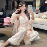 伊棠朵【豹纹三件套】女士海岛绒睡衣时尚细绒保暖秋冬季含胸垫家居服 1009-3杏色 2XL 【建议140-160斤】