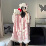 梦舒纷睡袍女冬睡衣春秋季可爱学生中长款加绒加厚宿舍家居服珊瑚绒卡通 斗篷猫睡袍 S