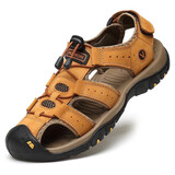 EXUELING头层牛皮凉鞋男秋季新款户外运动包头休闲鞋拖鞋透气男士沙滩鞋 金黄 42 (260mm)