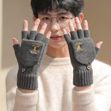 途尊手套男冬季露手指初中学生自行车骑行情侣毛线半截翻盖男生冬保暖 深灰色小鹿【半指翻盖手套】