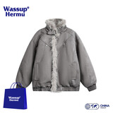 WASSUP HERMU官方棉服男秋冬季cleanfit重磅座山雕剪裁解构设计宽松大毛领外套 灰咖色 XL （推荐130-150斤）