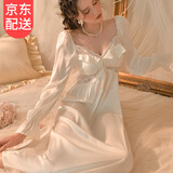 晴碧琳睡衣春秋款女2025新款高级感性感纯欲秋季长袖带胸垫冰丝睡裙 V领荷叶边睡裙【白】 L 【建议105-120斤】