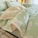 桃薇A类冬季牛奶绒提花床上四件套双面加绒被套珊瑚绒床单床笠款4件套 包边款-蝴蝶结茵绿 1.8m床 床单款 四件套（被套200*230cm）