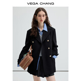 VEGA CHANG【精英衣橱】毛呢外套女2025秋冬新款复古简约翻领双排扣西装 玛瑙黑 M