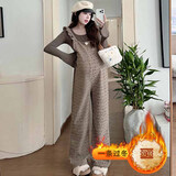 依鎏衣品秋冬新款印花孕妇装纯棉背带裤宽松加绒加厚阔腿裤保暖吊带长裤子 卡其背带裤 L码 建议115-130斤