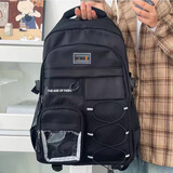 星之海大学生减负护脊中学生书包男新款初高中女生双肩包大容量超轻背包 黑色 带格子吊坠+灰青蛙挂件