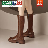 卡帝乐鳄鱼（CARTELO）棕色厚底小个子不过膝长靴女秋冬季显瘦高筒骑士靴弹力长筒靴 棕色 37