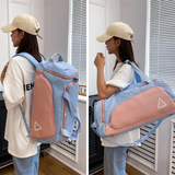 IROYA旅行包大容量单肩斜挎包健身包多功能手提旅游收纳袋运动双肩背包 蓝配粉【可双肩  斜挎 手提】 40L