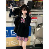 乐卡利V领毛衣女日系JK制服校园风高级纯色学院风春装套头针织打底衫 黑色 常规 均码 【90-130斤】