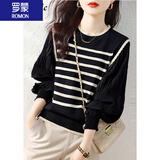 罗蒙（ROMON）女装针织衬衫2025年新款拼接花边领针织衫条纹灯笼袖上衣通勤百搭 黑色 L （105-115斤）