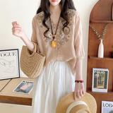 TCMUH棉麻女装 亚麻高档高级感衬衫女夏2025通勤文艺宽松v领套头绣花 香槟色 L 建议110130斤