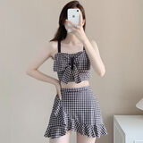 冶芷泳衣女分体裙式保守高腰显瘦遮肚性感吊带泳装平角裤少女泳衣 黑色格子【均码 75-125斤】