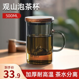 天喜（TIANXI）观山茶水分离杯玻璃高颜值办公室泡茶杯子耐高温过滤喝水茶道杯 【青灰色】玻璃把手-500ml