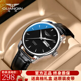 冠琴（GUANQIN）瑞士认证手表男士全自动机械表防水夜光双日历国表商务百搭男表 条钉刻度黑皮本黑