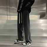 汐嘻牛仔裤子男夏季薄款复古直筒男裤宽松工作棉裤阔腿裤休闲长裤子 黑灰 XL -建议110-130斤左右