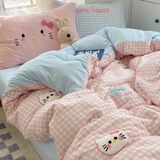 恩兴ins水洗棉床上四件套秋冬毛巾绣床品床单被套学生宿舍三件套床笠4 粉格猫咪-亲肤水洗棉毛巾绣 1.8m床 床单款 四件套-被套200*230